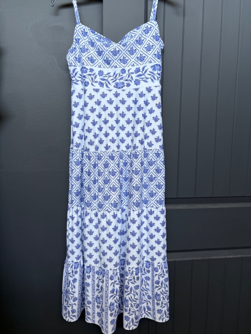 Smith & Quinn Blue and White Floral Cottage Core Tiered Maxi Dress - Straps